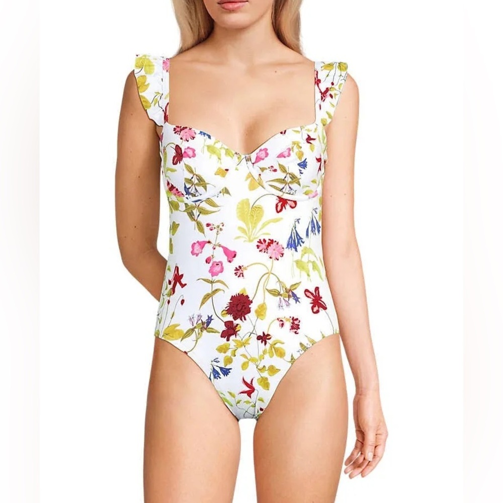 Lands' End White Floral One-Piece Swimsuit with Pink, Yellow & Blue Accents